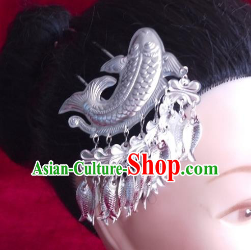 China Traditional Wedding Hair Accessories Hmong Ethnic Hair Stick Guizhou Miao Nationality Silver Fish Hairpin