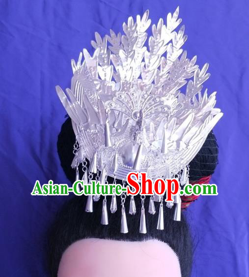 China Hmong Ethnic Silver Phoenix Hair Crown Guizhou Miao Nationality Hairpin Traditional Bride Hair Accessories