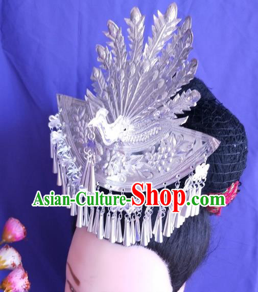 China Traditional Wedding Hair Accessories Hmong Ethnic Silver Phoenix Hair Crown Guizhou Miao Nationality Hairpin
