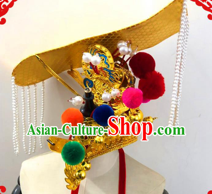 China Traditional Peking Opera Emperor Hat Ancient Royal King Tassel Headwear