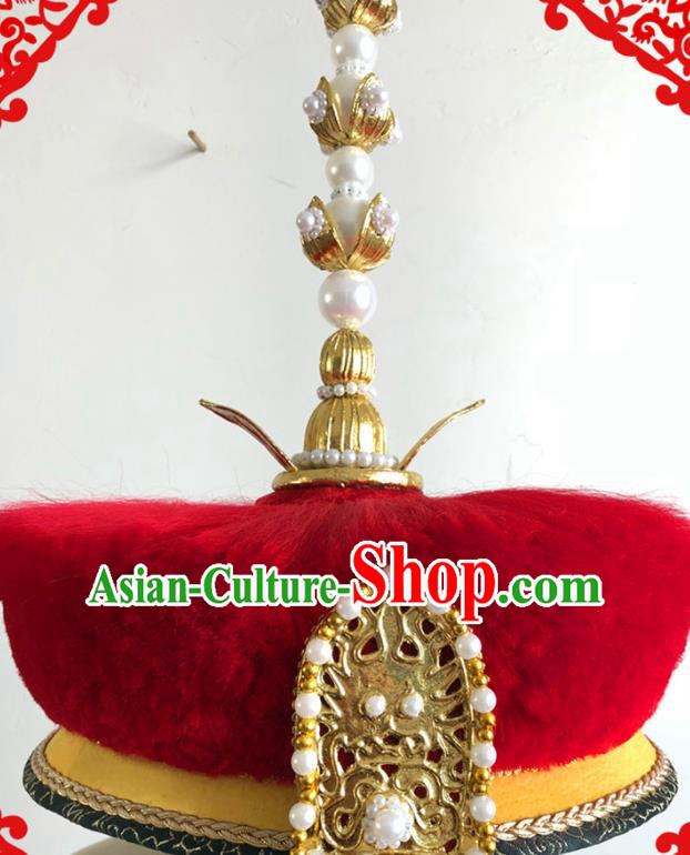 China Traditional Qing Dynasty Emperor Hat Ancient Royal King Pearls Headdress