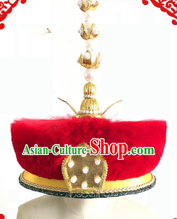 China Traditional Qing Dynasty Emperor Hat Ancient Royal King Pearls Headdress