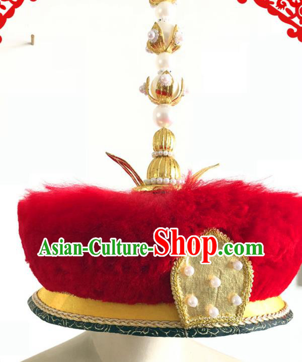 China Traditional Qing Dynasty Emperor Hat Ancient Royal King Pearls Headdress