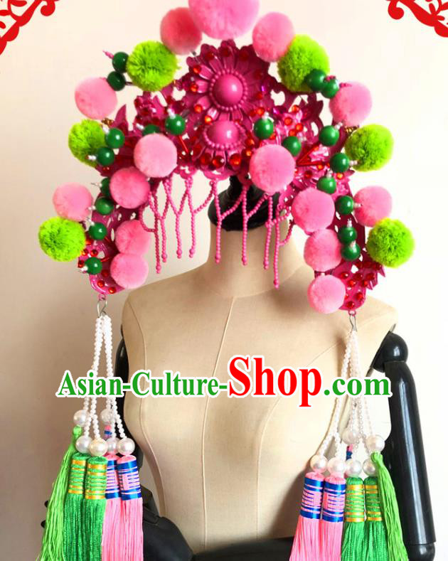 China Traditional Beijing Opera Hat Handmade Ancient Princess Rosy Phoenix Coronet Headwear