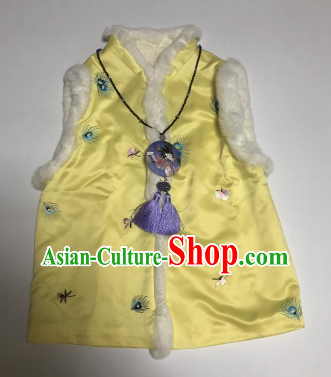 Chinese Classical Embroidered Feather Vest National Women Clothing Tang Suit Yellow Silk Waistcoat