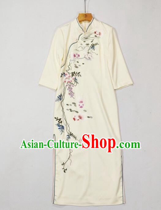 Chinese National Classical Embroidered Beige Qipao Dress Traditional Women Cheongsam Clothing