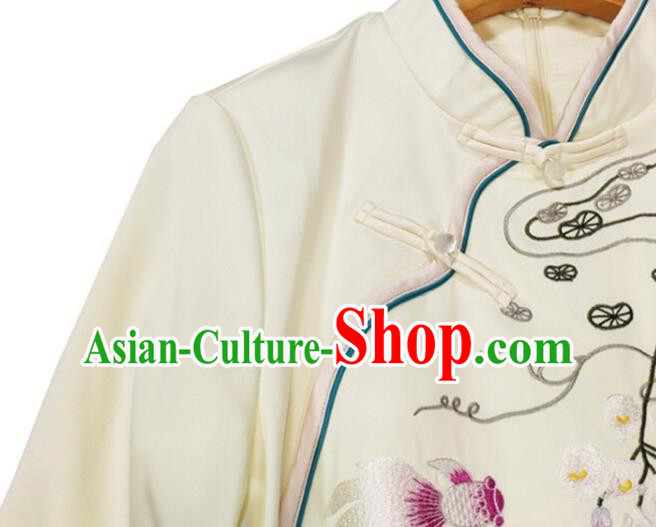 Chinese National Classical Embroidered Beige Qipao Dress Traditional Women Cheongsam Clothing