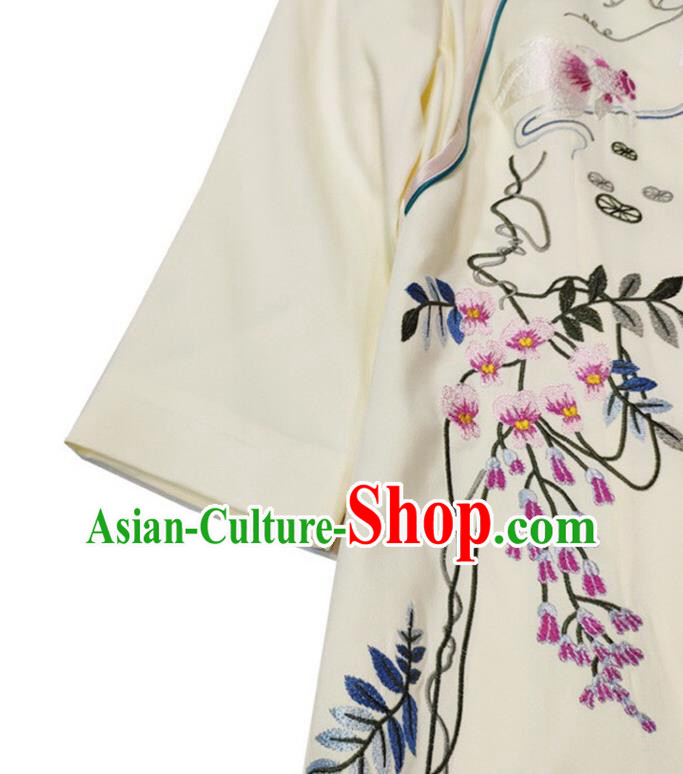 Chinese National Classical Embroidered Beige Qipao Dress Traditional Women Cheongsam Clothing
