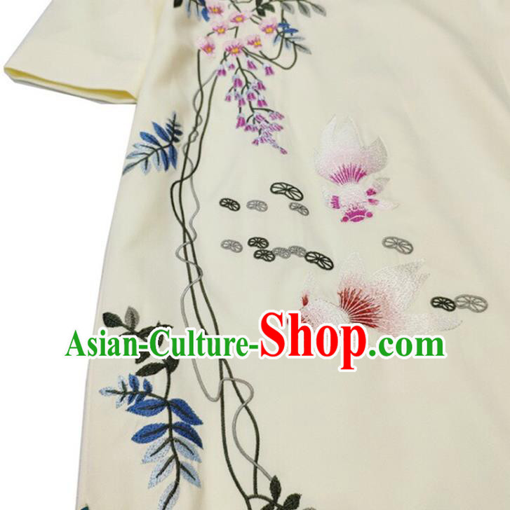 Chinese National Classical Embroidered Beige Qipao Dress Traditional Women Cheongsam Clothing