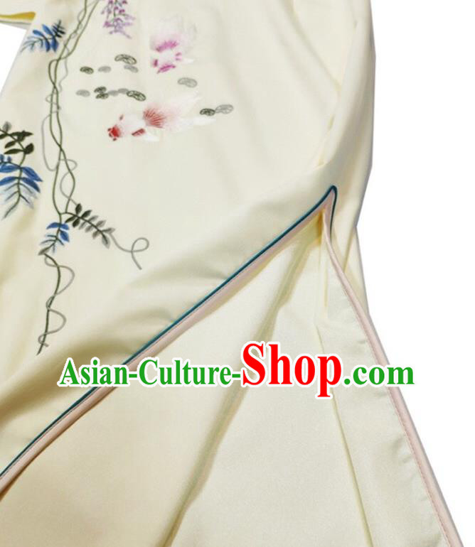 Chinese National Classical Embroidered Beige Qipao Dress Traditional Women Cheongsam Clothing