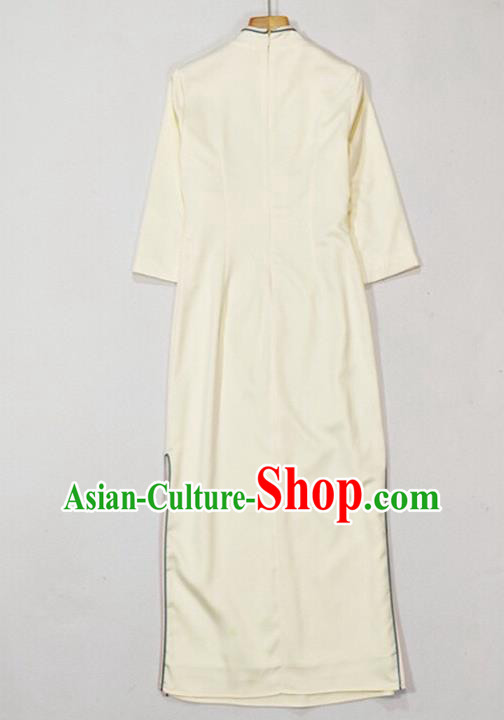 Chinese National Classical Embroidered Beige Qipao Dress Traditional Women Cheongsam Clothing