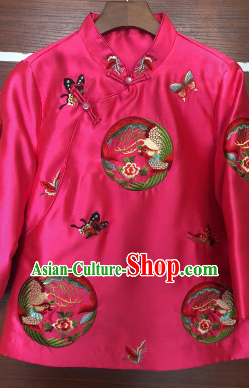 China Woman Outer Garment Tang Suit Rosy Silk Coat Traditional Embroidered Phoenix Jacket