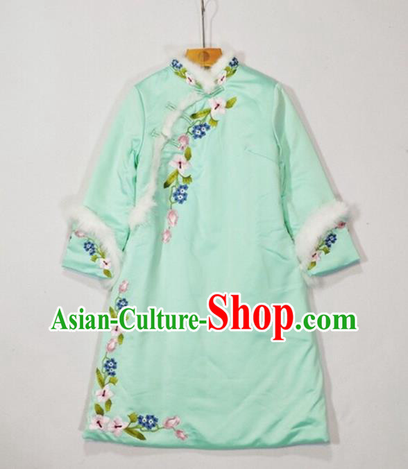 China Winter Tang Suit Coat Woman Outer Garment Traditional Embroidered Green Silk Cotton Wadded Jacket
