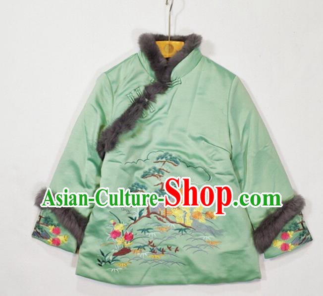 China Traditional Embroidered Green Silk Cotton Wadded Jacket Winter Tang Suit Coat Woman Outer Garment