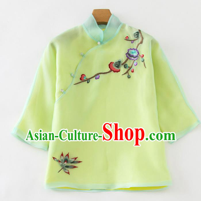 China Women Embroidered Green Organza Blouse Traditional Tang Suit Shirt Upper Outer Garment