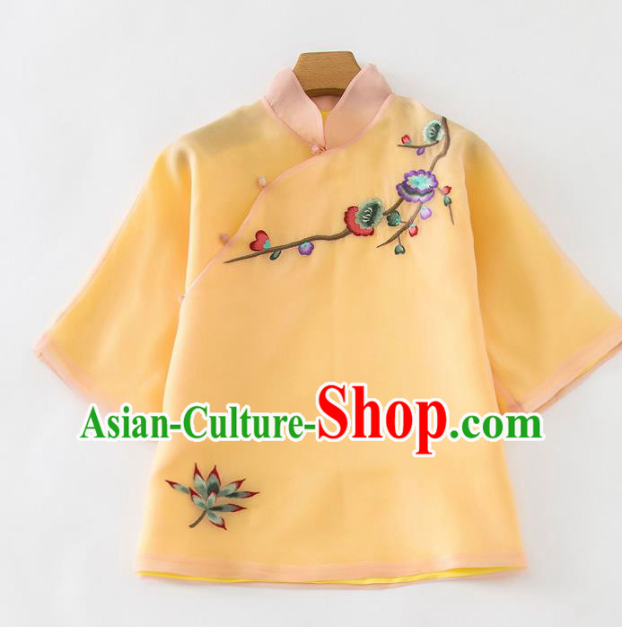 China Traditional Tang Suit Shirt Upper Outer Garment Women Embroidered Orange Organza Blouse