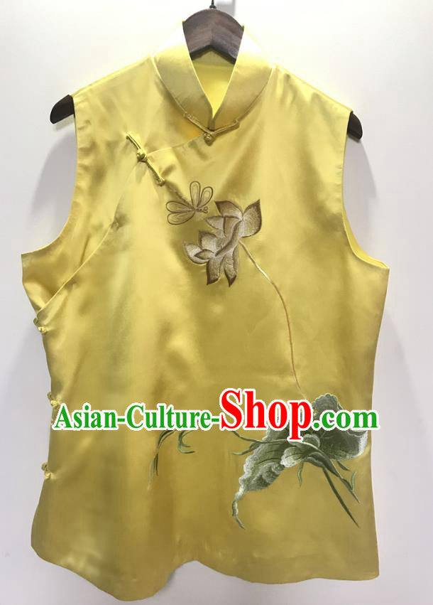 Chinese Classical Embroidered Lotus Yellow Silk Vest National Women Tang Suit Waistcoat