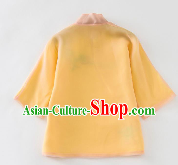 China Traditional Tang Suit Shirt Upper Outer Garment Women Embroidered Orange Organza Blouse