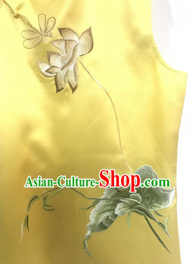 Chinese Classical Embroidered Lotus Yellow Silk Vest National Women Tang Suit Waistcoat