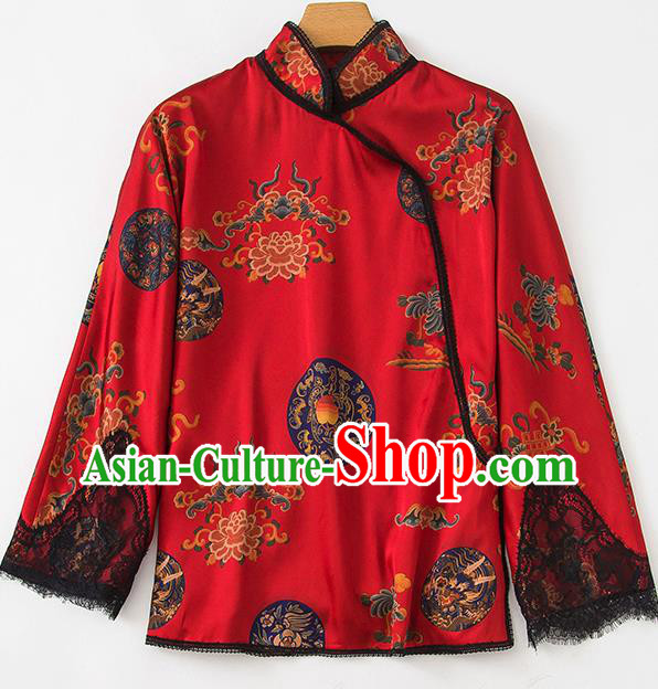 China Traditional Women Upper Outer Garment Printing Peony Red Silk Blouse Tang Suit Shirt