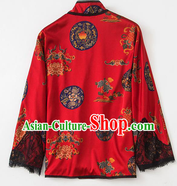 China Traditional Women Upper Outer Garment Printing Peony Red Silk Blouse Tang Suit Shirt