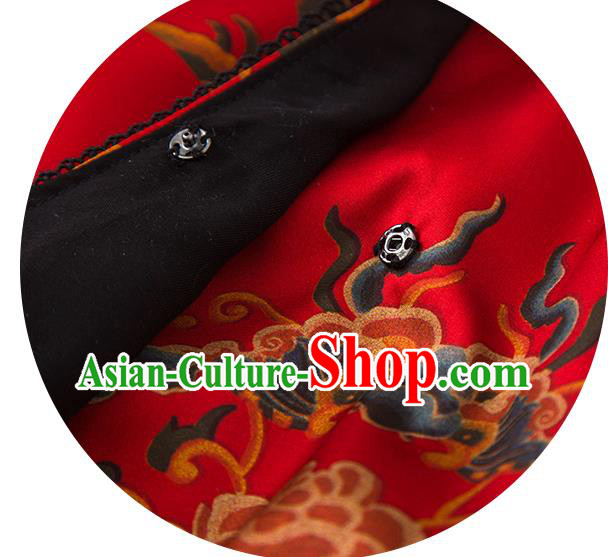 China Traditional Women Upper Outer Garment Printing Peony Red Silk Blouse Tang Suit Shirt