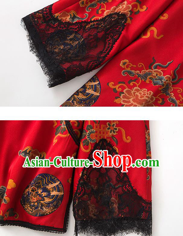 China Traditional Women Upper Outer Garment Printing Peony Red Silk Blouse Tang Suit Shirt