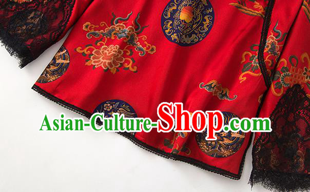 China Traditional Women Upper Outer Garment Printing Peony Red Silk Blouse Tang Suit Shirt
