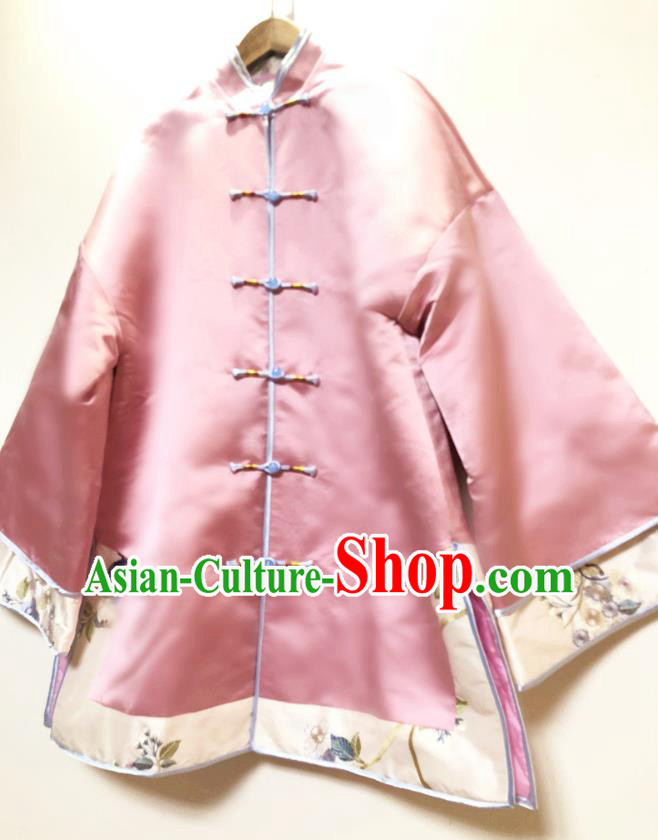 China Traditional Qing Dynasty Upper Outer Garment Tang Suit Shirt Pink Silk Blouse