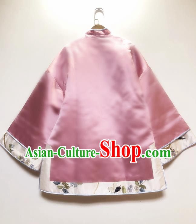 China Traditional Qing Dynasty Upper Outer Garment Tang Suit Shirt Pink Silk Blouse