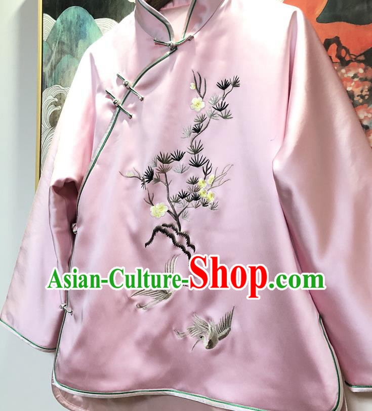 China Traditional Winter Outer Garment Tang Suit Coat Embroidered Pink Silk Cotton Wadded Jacket