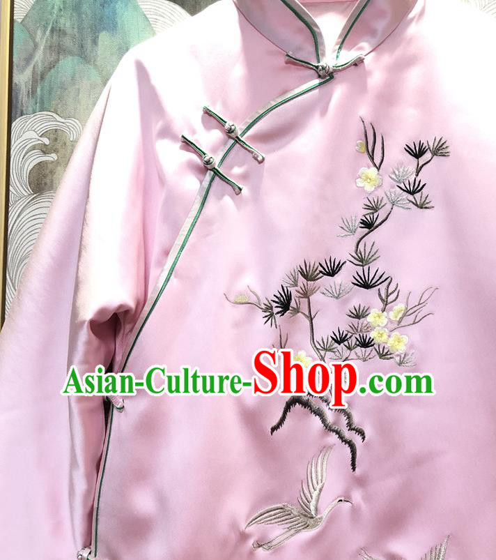 China Traditional Winter Outer Garment Tang Suit Coat Embroidered Pink Silk Cotton Wadded Jacket