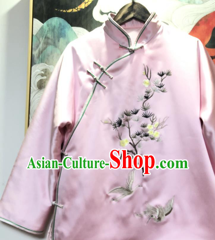 China Traditional Winter Outer Garment Tang Suit Coat Embroidered Pink Silk Cotton Wadded Jacket