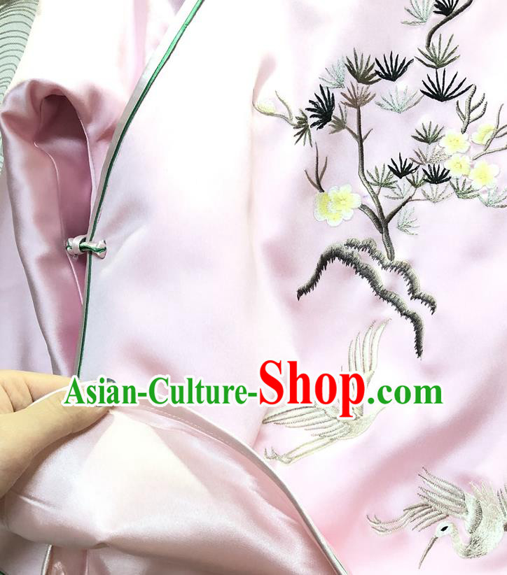 China Traditional Winter Outer Garment Tang Suit Coat Embroidered Pink Silk Cotton Wadded Jacket