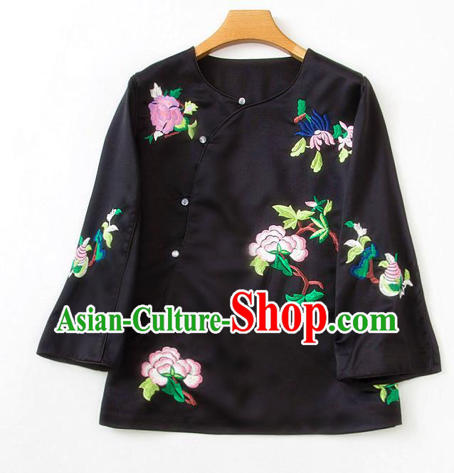 China Traditional Tang Suit Upper Outer Garment Embroidered Peony Black Silk Shirt