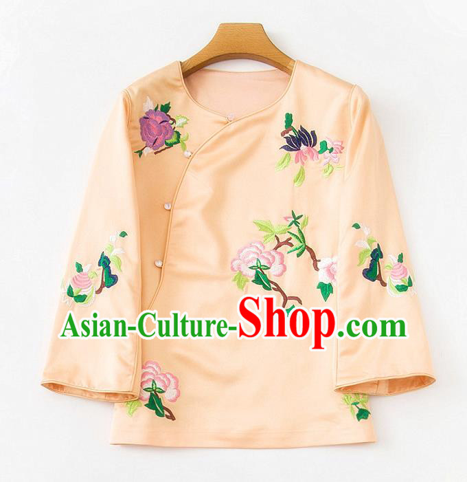 China Embroidered Peony Apricot Silk Shirt Traditional Tang Suit Upper Outer Garment