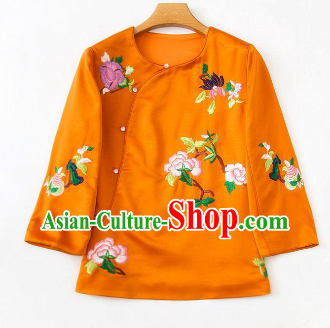 China Embroidered Peony Blouse Traditional Tang Suit Upper Outer Garment Orange Silk Shirt
