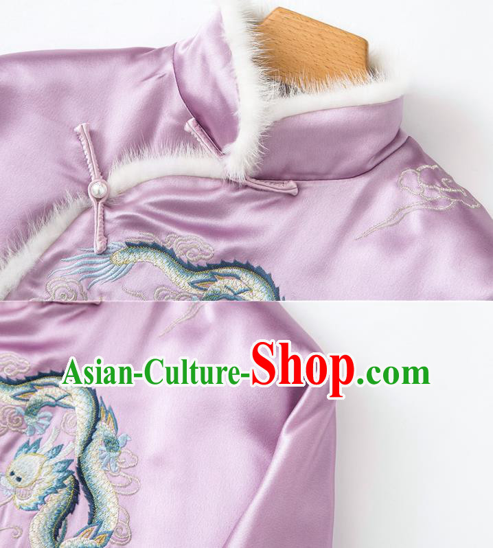 China Embroidered Cotton Wadded Jacket Traditional Tang Suit Outer Garment Winter Lilac Silk Coat