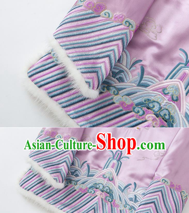 China Embroidered Cotton Wadded Jacket Traditional Tang Suit Outer Garment Winter Lilac Silk Coat