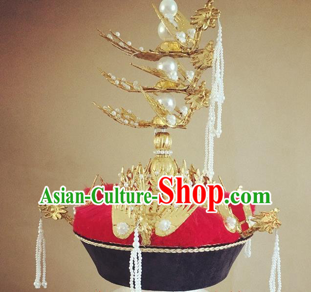 China Traditional Qing Dynasty Empress Hat Handmade Ancient Queen Golden Phoenix Headwear