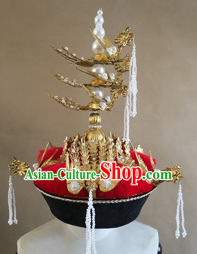 China Traditional Qing Dynasty Empress Hat Handmade Ancient Queen Golden Phoenix Headwear