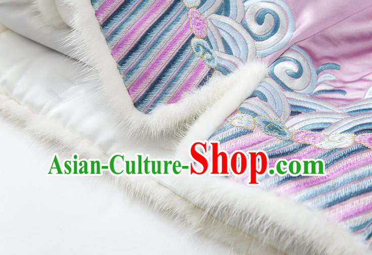 China Embroidered Cotton Wadded Jacket Traditional Tang Suit Outer Garment Winter Lilac Silk Coat