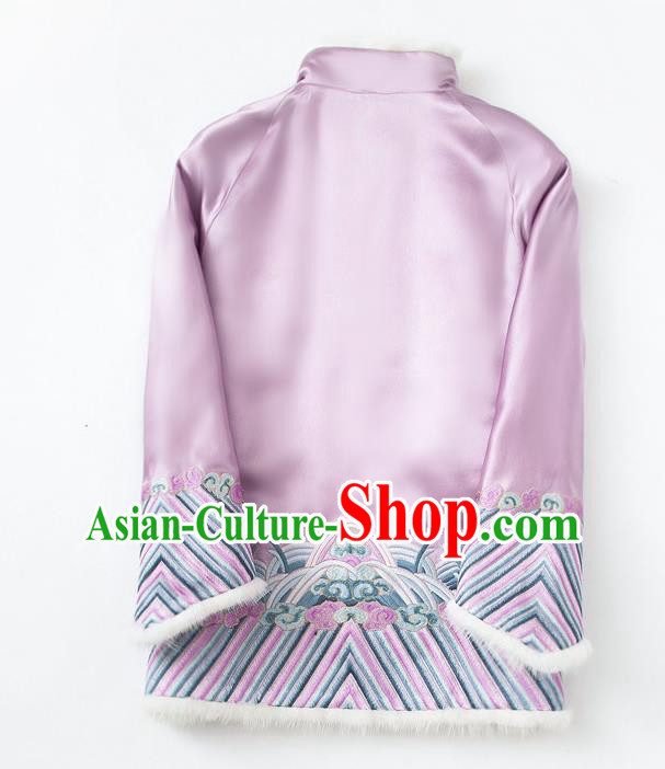 China Embroidered Cotton Wadded Jacket Traditional Tang Suit Outer Garment Winter Lilac Silk Coat