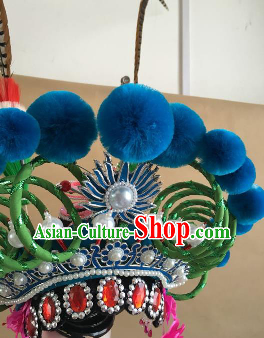 China Traditional Peking Opera Blues Hat Handmade Beijing Opera Female Swordsman Headwear