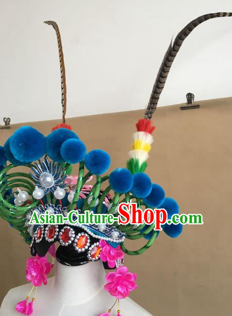 China Traditional Peking Opera Blues Hat Handmade Beijing Opera Female Swordsman Headwear