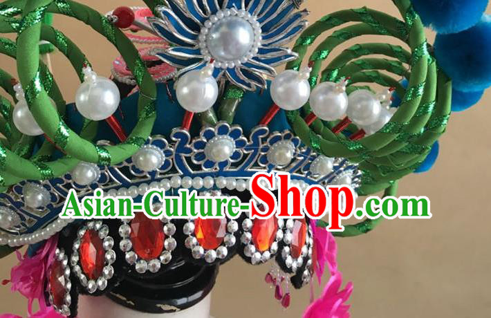 China Traditional Peking Opera Blues Hat Handmade Beijing Opera Female Swordsman Headwear