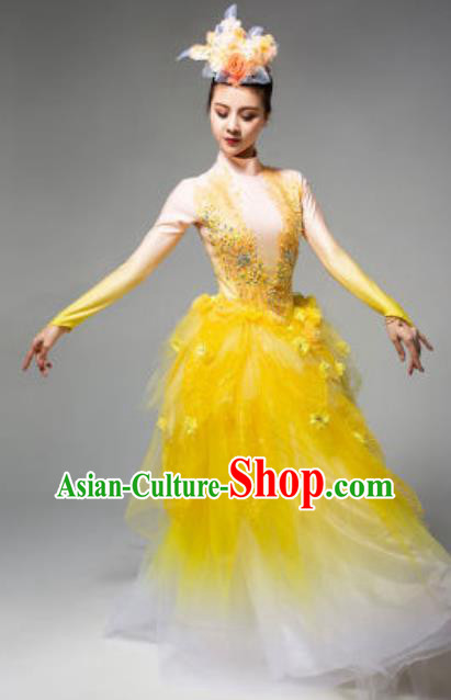 China Spring Festival Gala Flowers Fairy Dance Costume Opening Dance Yellow Veil Dress