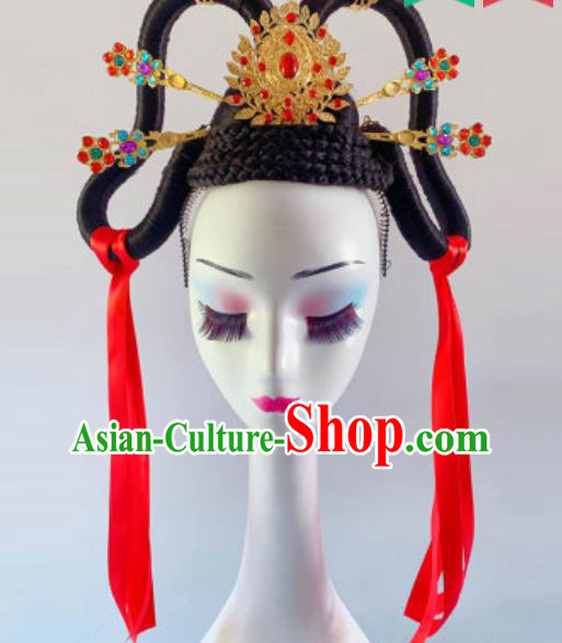 China Traditional Stage Performance Headdress Handmade Goddess Wigs Chignon Classical Dance Hair Clasp