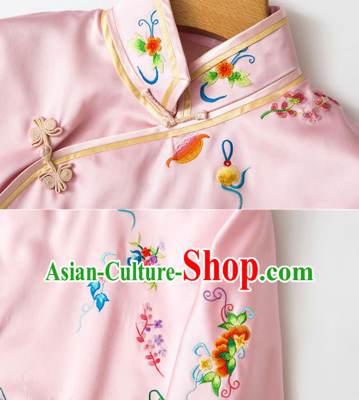 China Traditional Tang Suit Outer Garment Pink Silk Coat Embroidered Butterfly Jacket