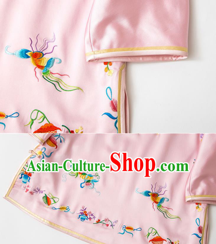 China Traditional Tang Suit Outer Garment Pink Silk Coat Embroidered Butterfly Jacket
